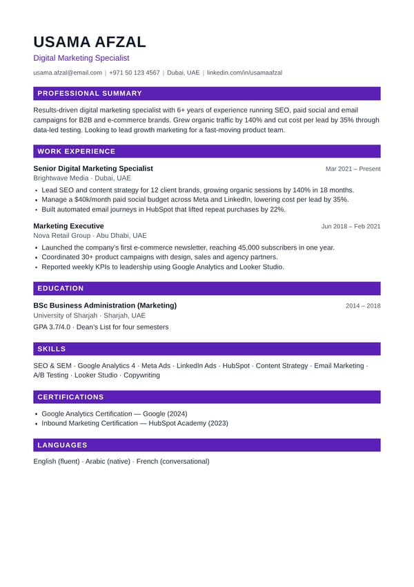 Bold CV template with filled purple section heading bars