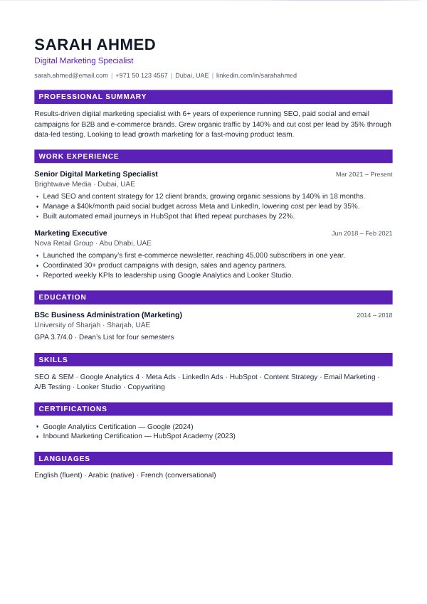 Bold CV template with filled purple section heading bars