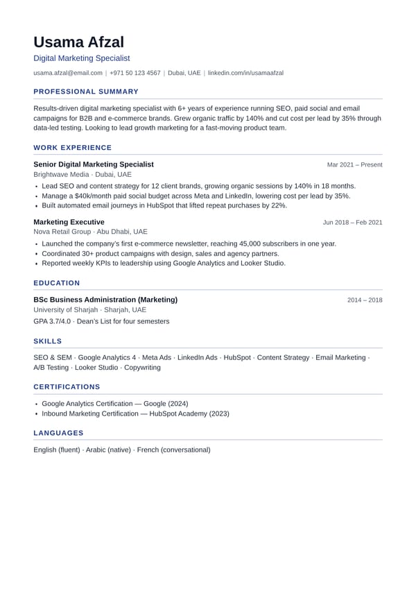 Classic CV template with blue headings and thin divider lines