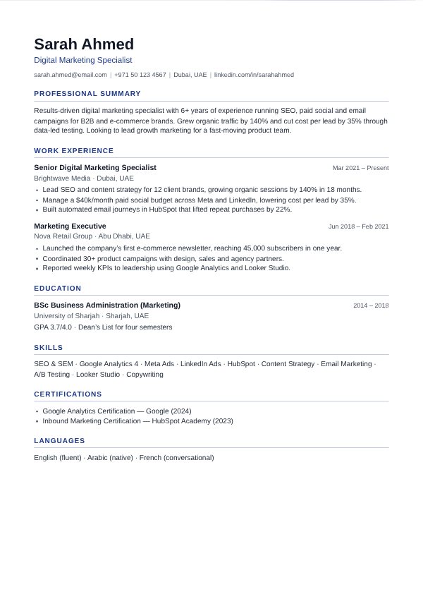 Classic CV template with blue headings and thin divider lines