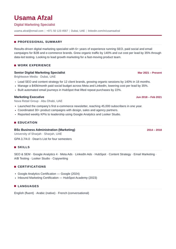 Executive CV template with a burgundy name and bold header rule