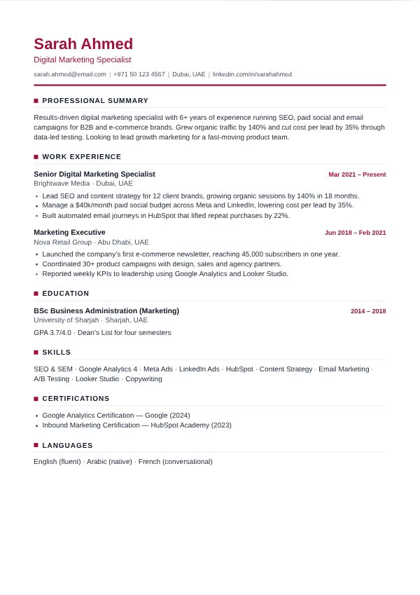 Executive CV template with a burgundy name and bold header rule