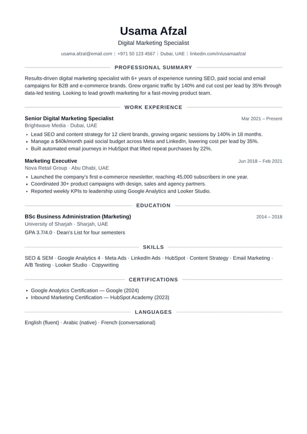 Minimal CV template with a centred header and elegant headings