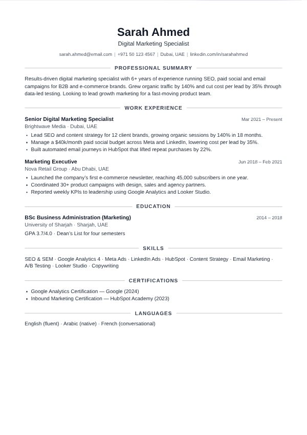 Minimal CV template with a centred header and elegant headings