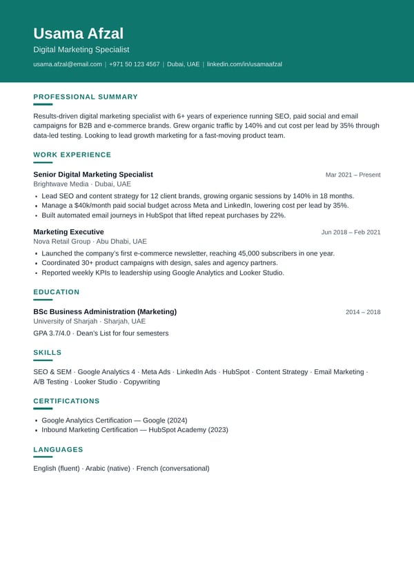 Modern CV template with a coloured header band
