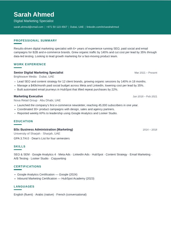 Modern CV template with a coloured header band